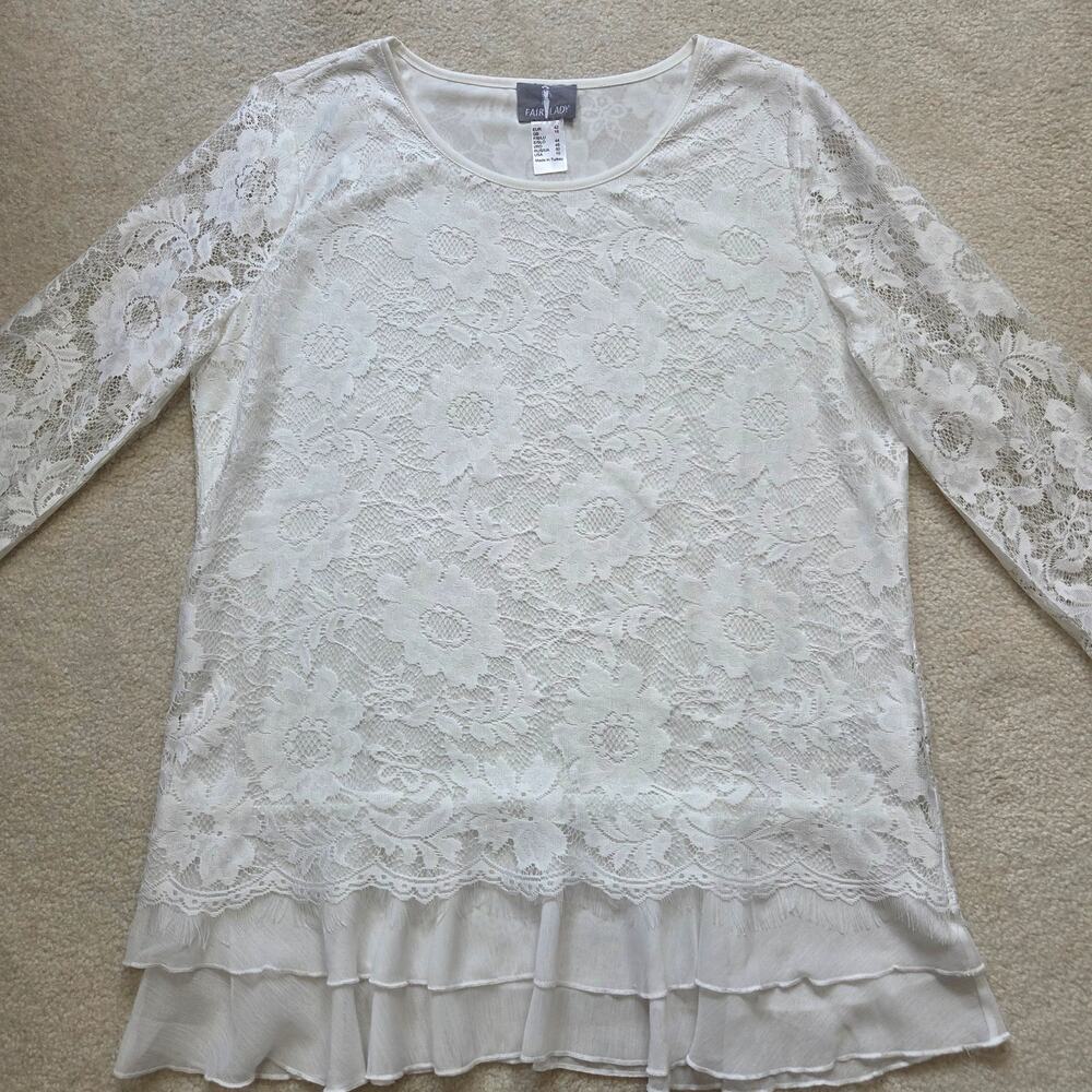 Fair Lay 10 Lace Dressy Layered Pullover 3/4 Sleeve Scoop Neck Blouse Top Ivory - Picture 4 of 16